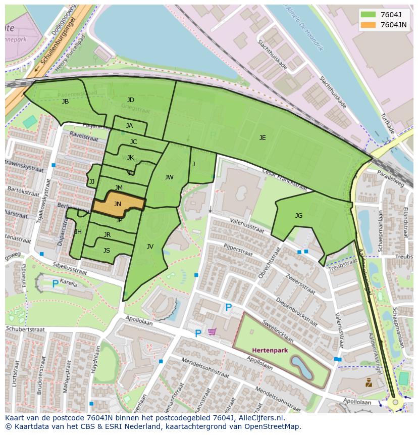 Afbeelding van het postcodegebied 7604 JN op de kaart.