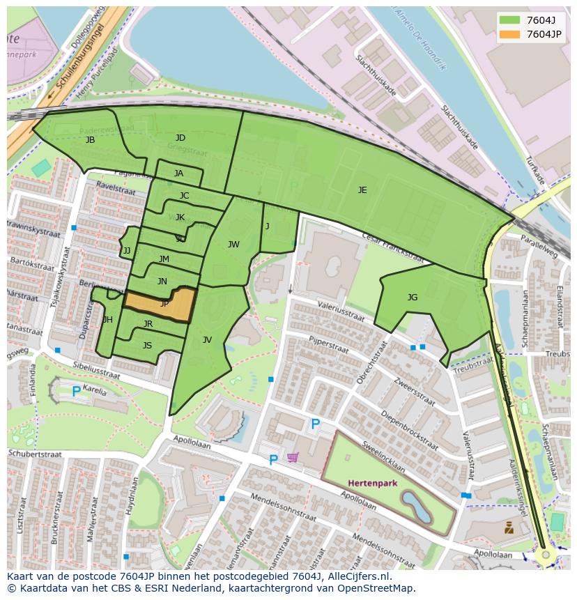 Afbeelding van het postcodegebied 7604 JP op de kaart.