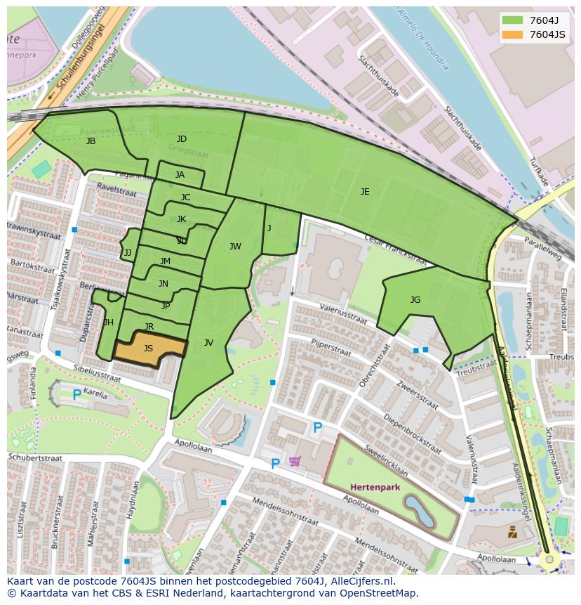 Afbeelding van het postcodegebied 7604 JS op de kaart.