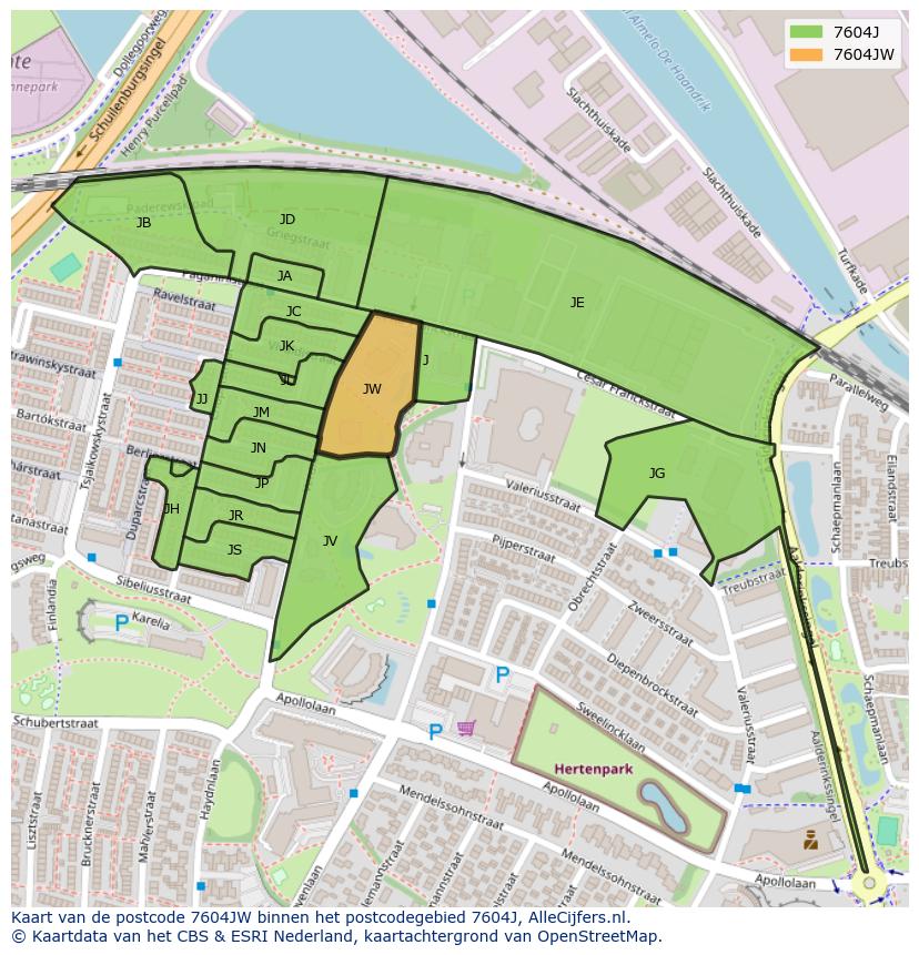 Afbeelding van het postcodegebied 7604 JW op de kaart.