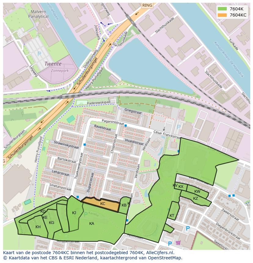 Afbeelding van het postcodegebied 7604 KC op de kaart.