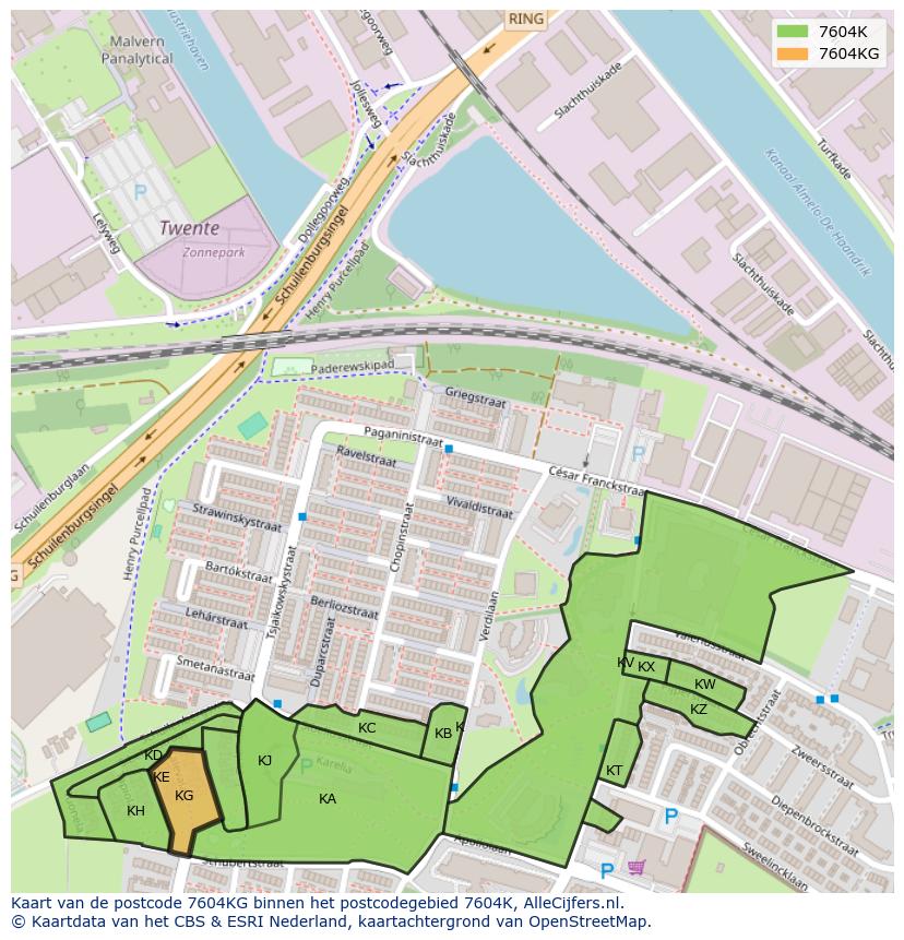 Afbeelding van het postcodegebied 7604 KG op de kaart.