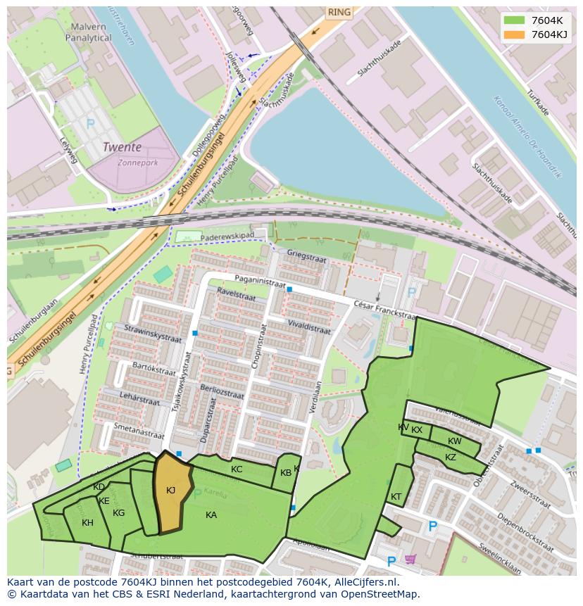 Afbeelding van het postcodegebied 7604 KJ op de kaart.