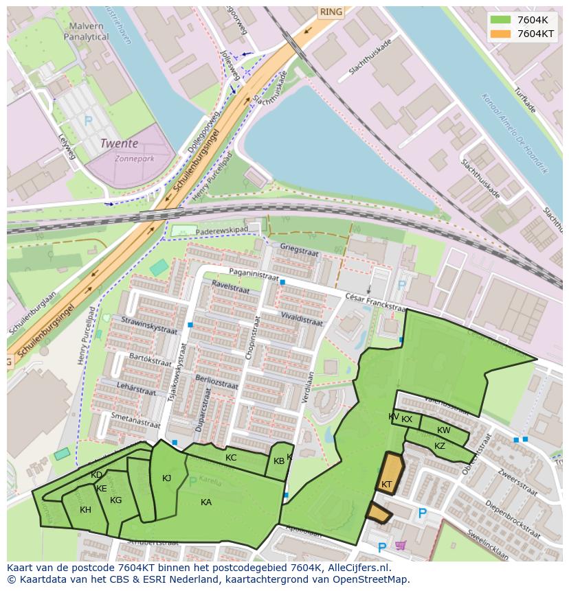 Afbeelding van het postcodegebied 7604 KT op de kaart.