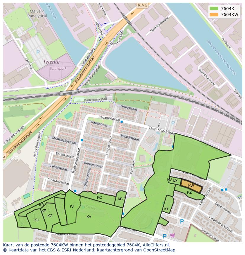 Afbeelding van het postcodegebied 7604 KW op de kaart.