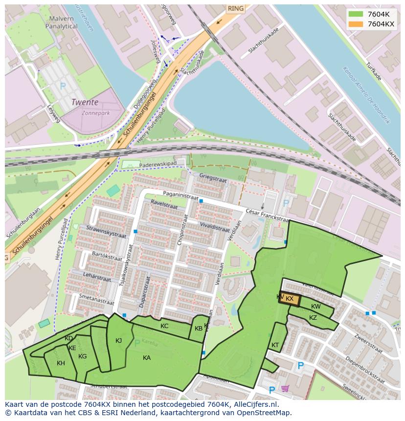 Afbeelding van het postcodegebied 7604 KX op de kaart.