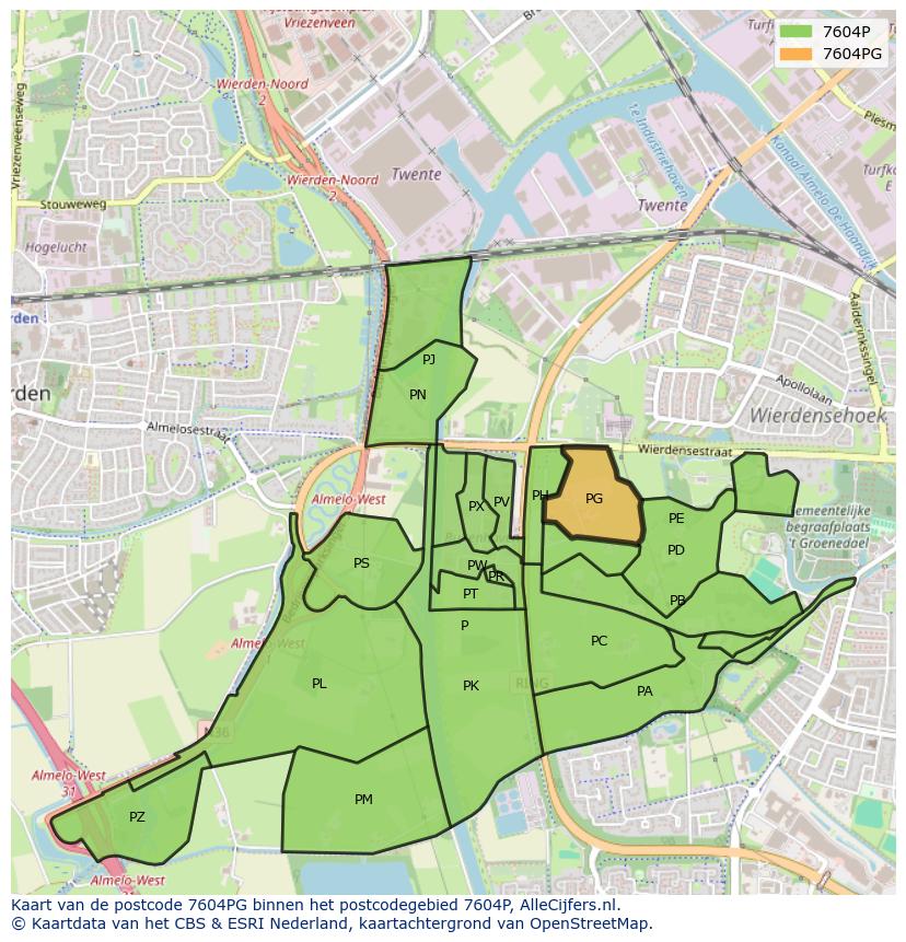 Afbeelding van het postcodegebied 7604 PG op de kaart.