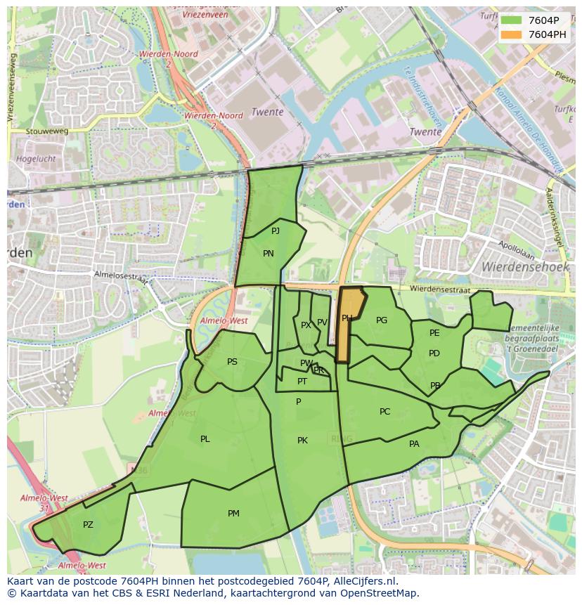Afbeelding van het postcodegebied 7604 PH op de kaart.