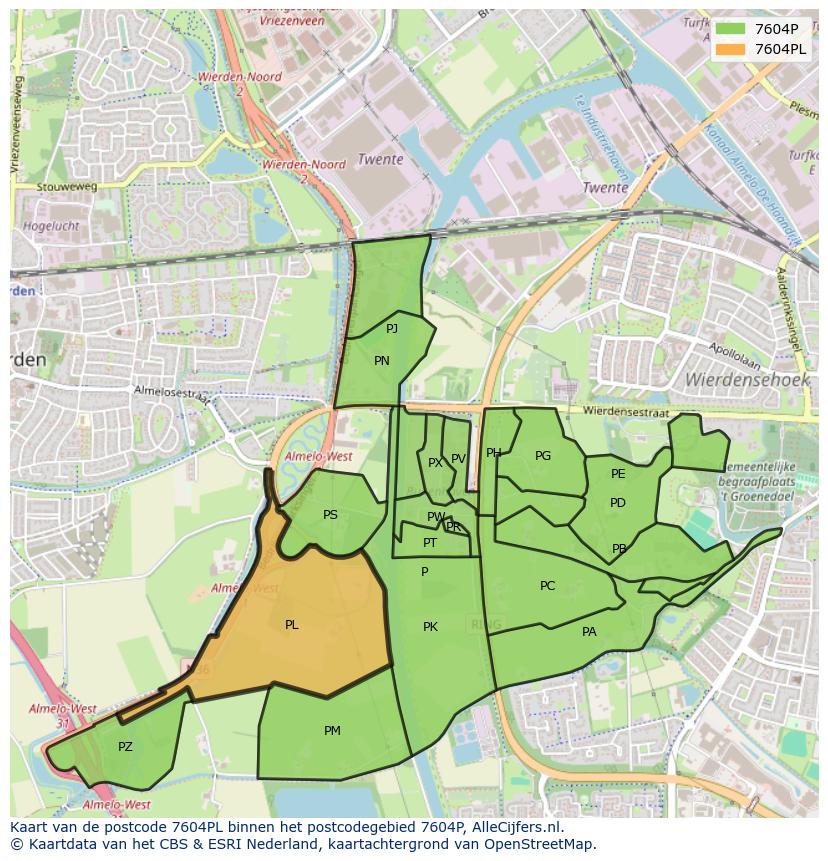 Afbeelding van het postcodegebied 7604 PL op de kaart.