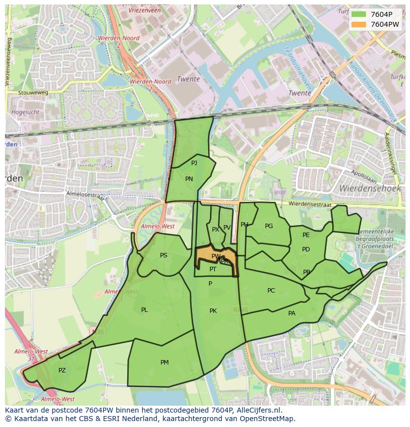 Afbeelding van het postcodegebied 7604 PW op de kaart.