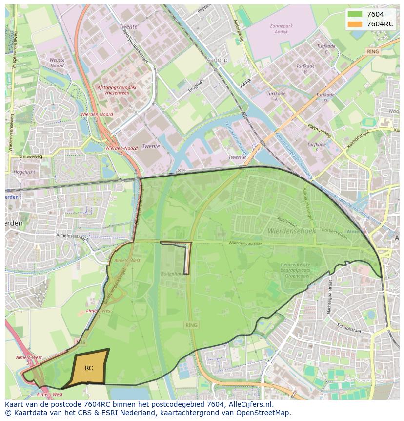 Afbeelding van het postcodegebied 7604 RC op de kaart.