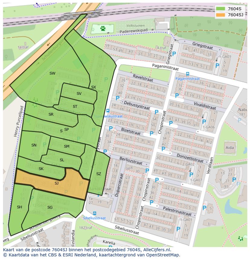 Afbeelding van het postcodegebied 7604 SJ op de kaart.