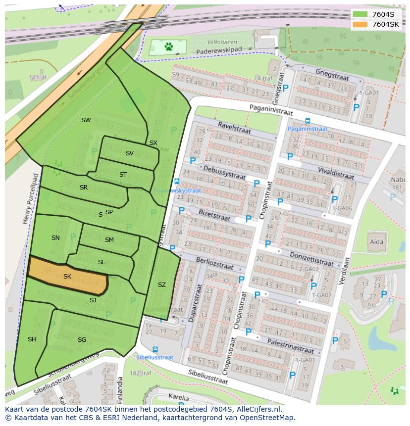 Afbeelding van het postcodegebied 7604 SK op de kaart.