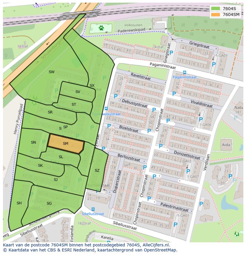 Afbeelding van het postcodegebied 7604 SM op de kaart.