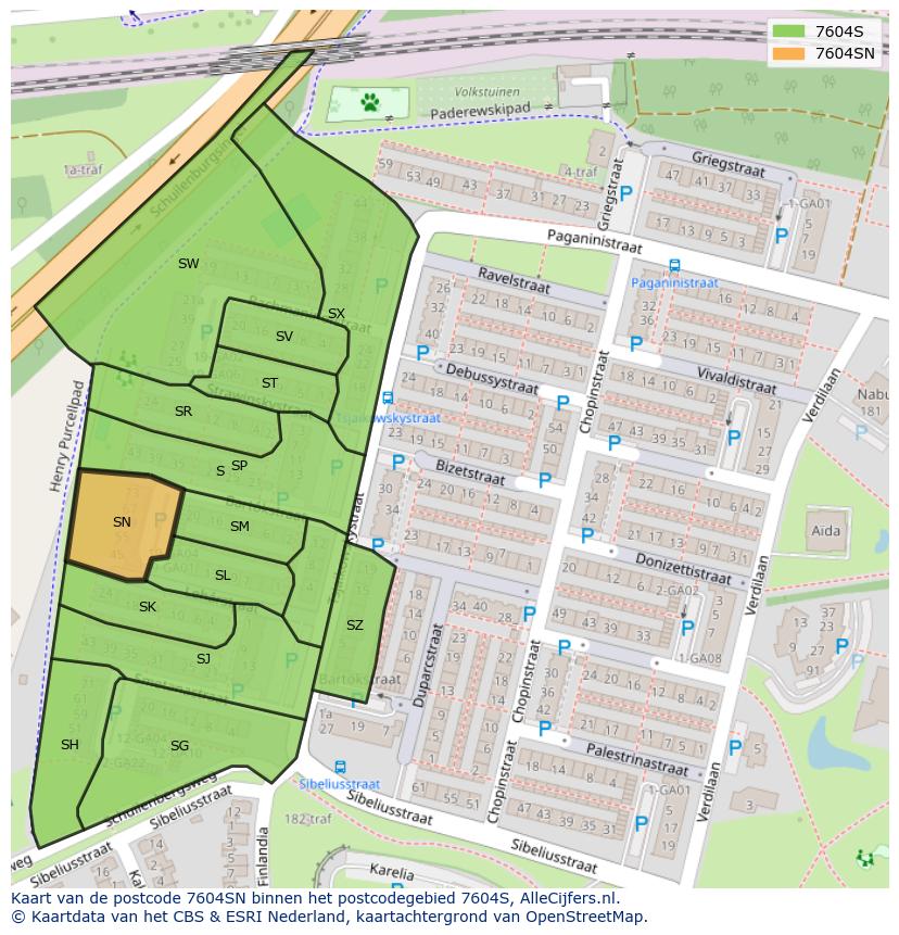 Afbeelding van het postcodegebied 7604 SN op de kaart.