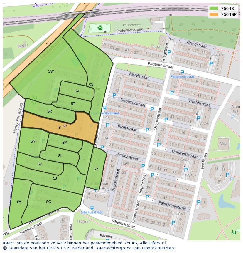 Afbeelding van het postcodegebied 7604 SP op de kaart.