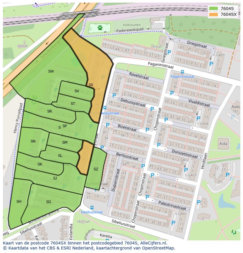 Afbeelding van het postcodegebied 7604 SX op de kaart.