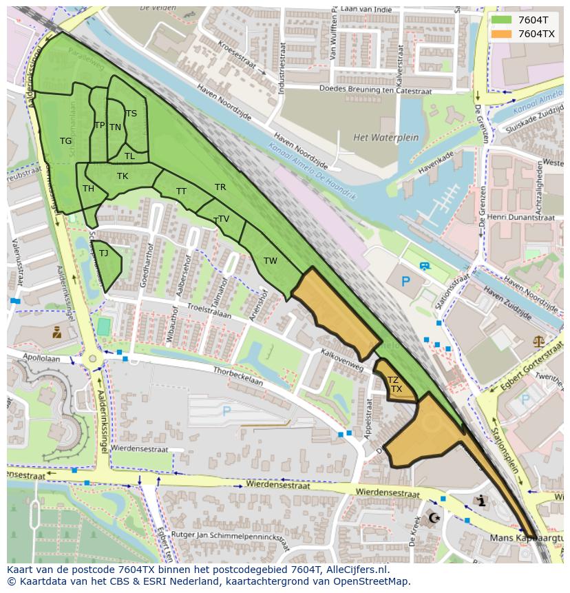 Afbeelding van het postcodegebied 7604 TX op de kaart.