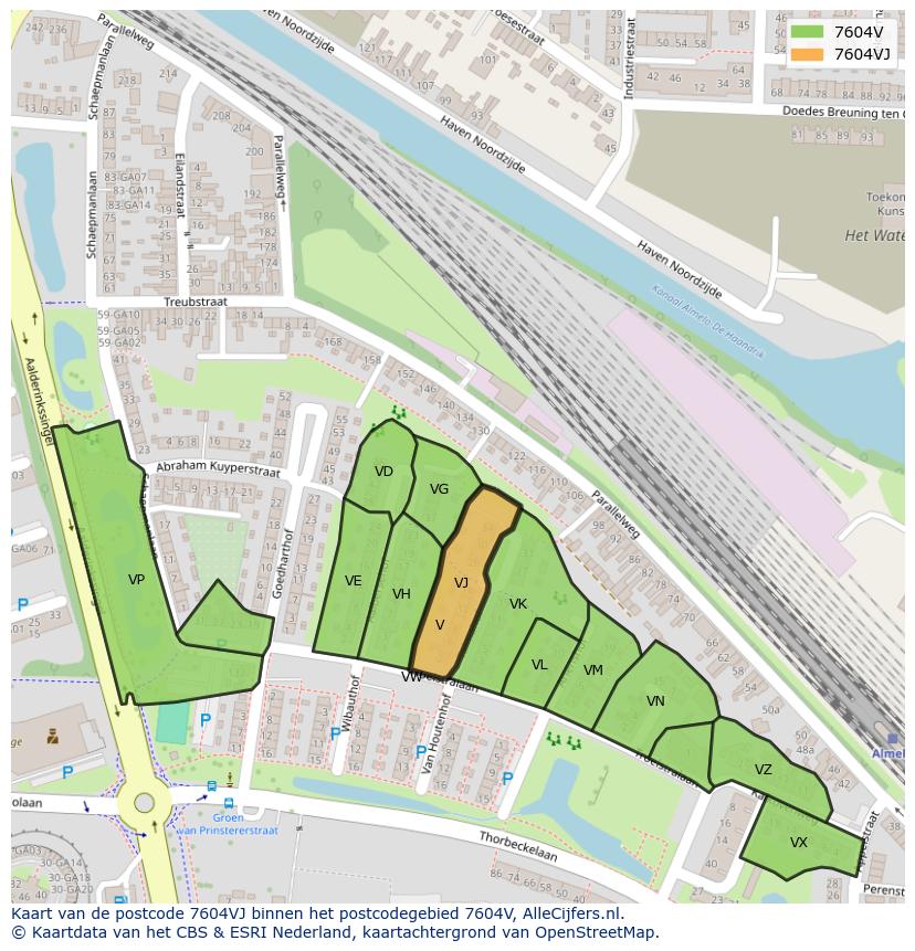 Afbeelding van het postcodegebied 7604 VJ op de kaart.