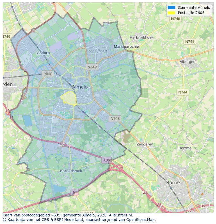 Afbeelding van het postcodegebied 7605 op de kaart.