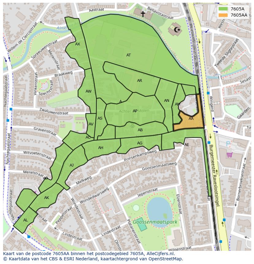 Afbeelding van het postcodegebied 7605 AA op de kaart.
