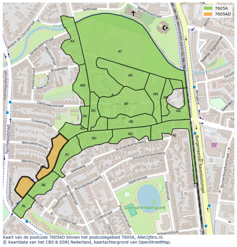 Afbeelding van het postcodegebied 7605 AD op de kaart.