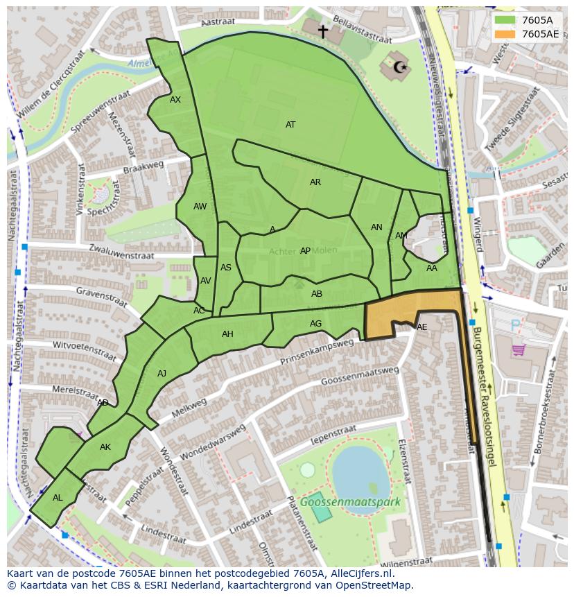 Afbeelding van het postcodegebied 7605 AE op de kaart.