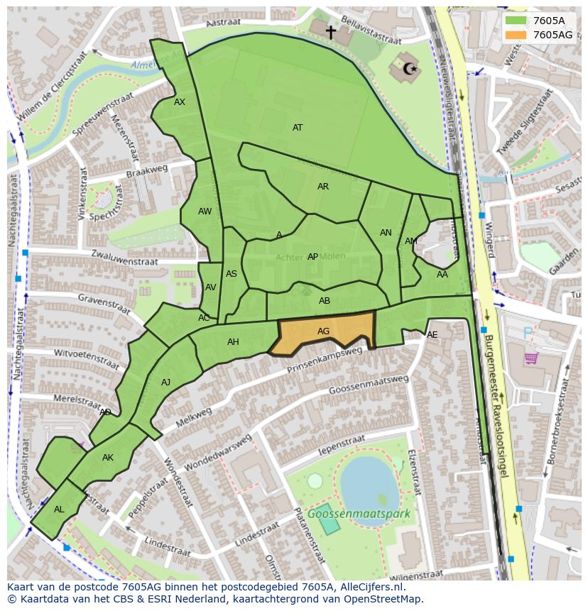 Afbeelding van het postcodegebied 7605 AG op de kaart.