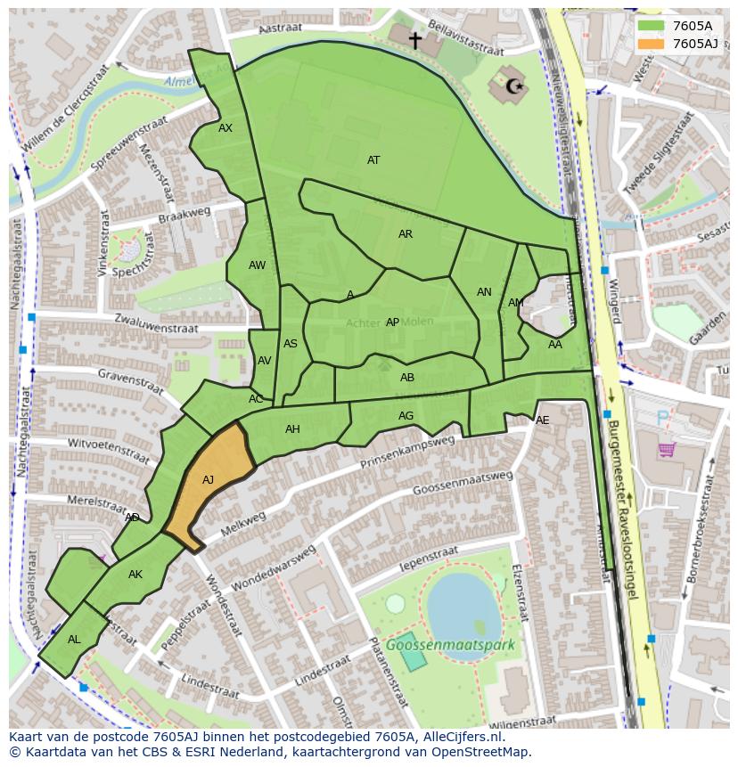 Afbeelding van het postcodegebied 7605 AJ op de kaart.