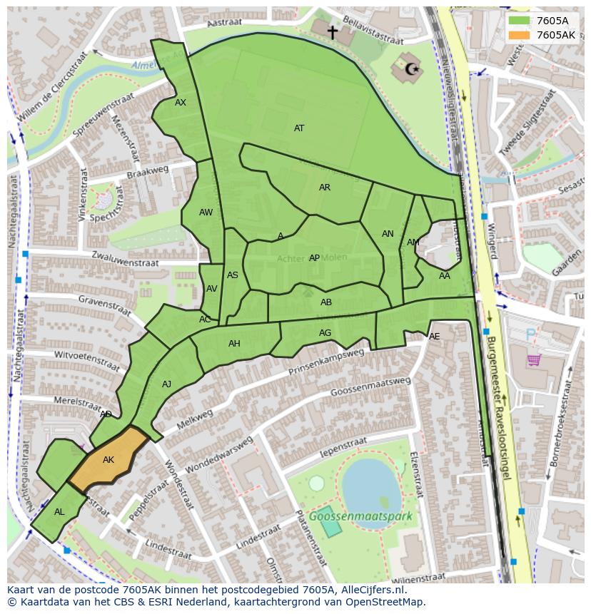 Afbeelding van het postcodegebied 7605 AK op de kaart.