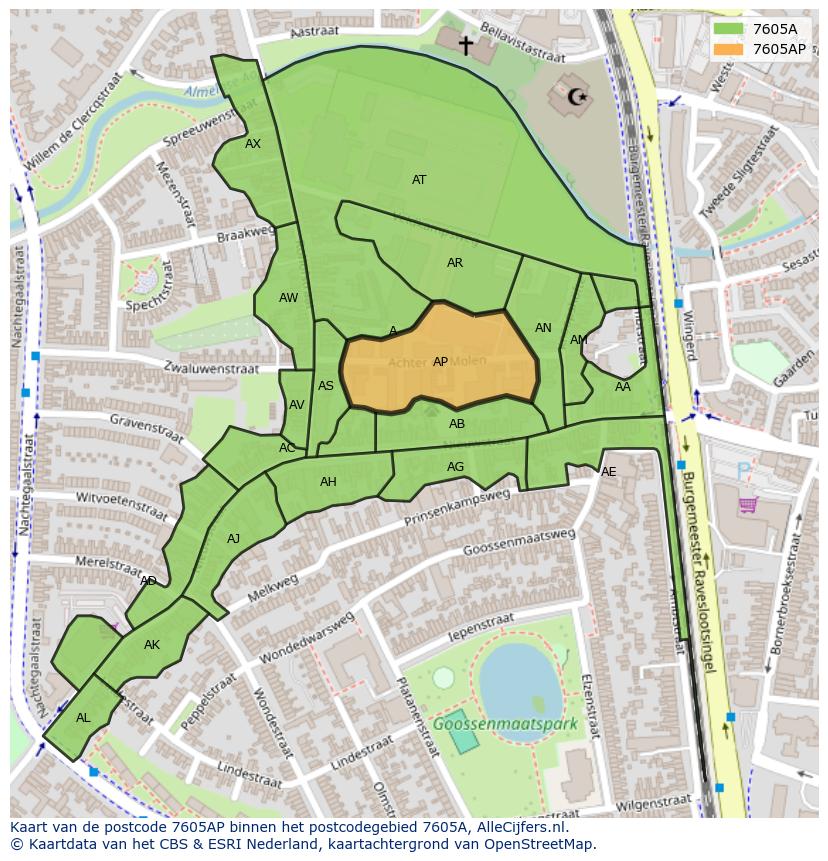 Afbeelding van het postcodegebied 7605 AP op de kaart.