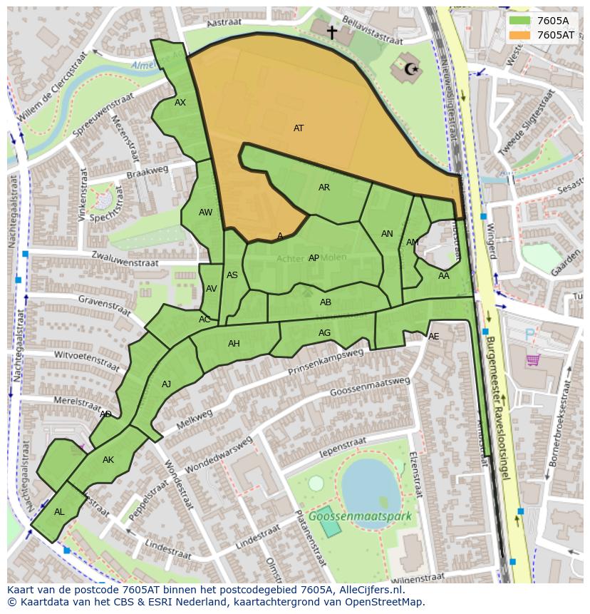 Afbeelding van het postcodegebied 7605 AT op de kaart.