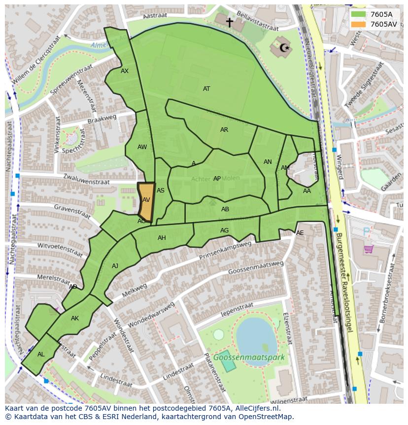 Afbeelding van het postcodegebied 7605 AV op de kaart.