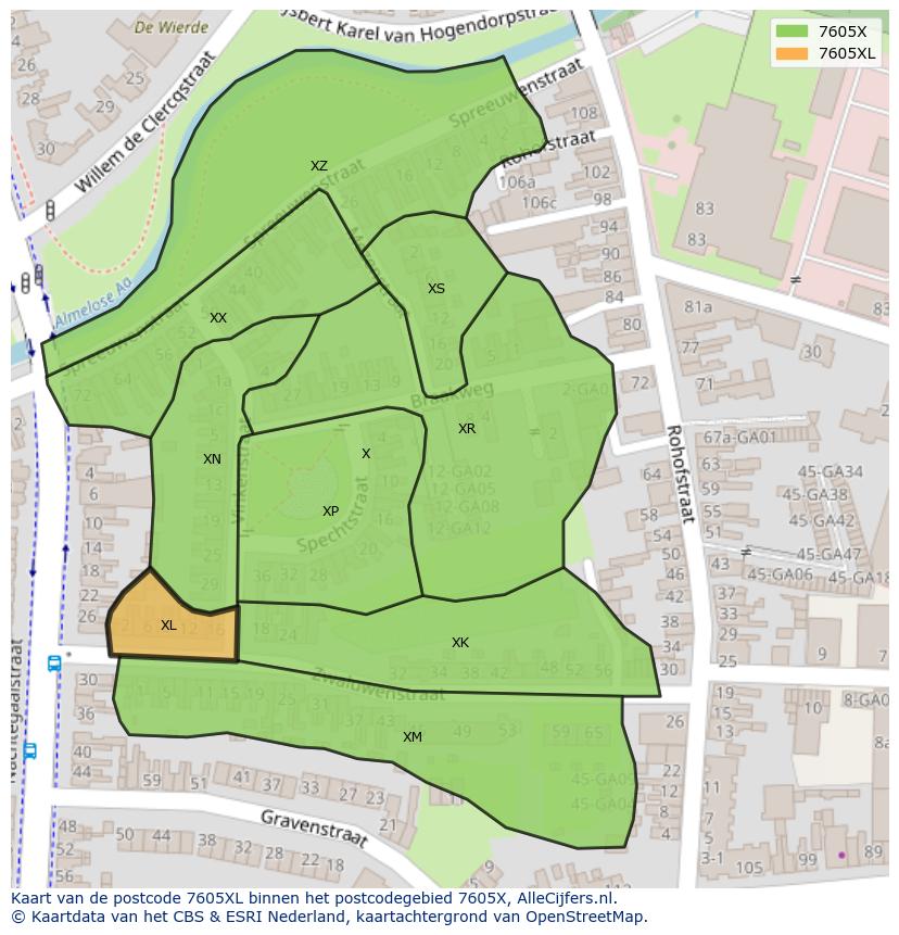Afbeelding van het postcodegebied 7605 XL op de kaart.