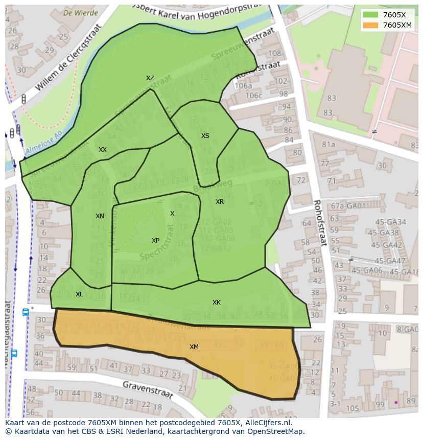 Afbeelding van het postcodegebied 7605 XM op de kaart.