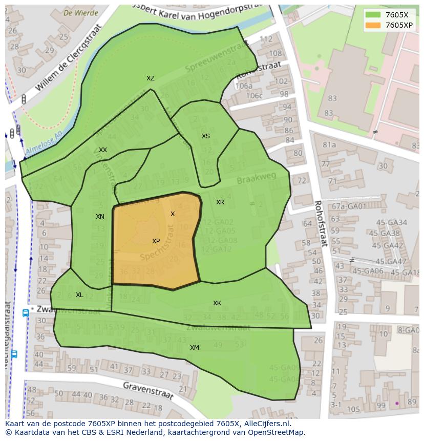 Afbeelding van het postcodegebied 7605 XP op de kaart.