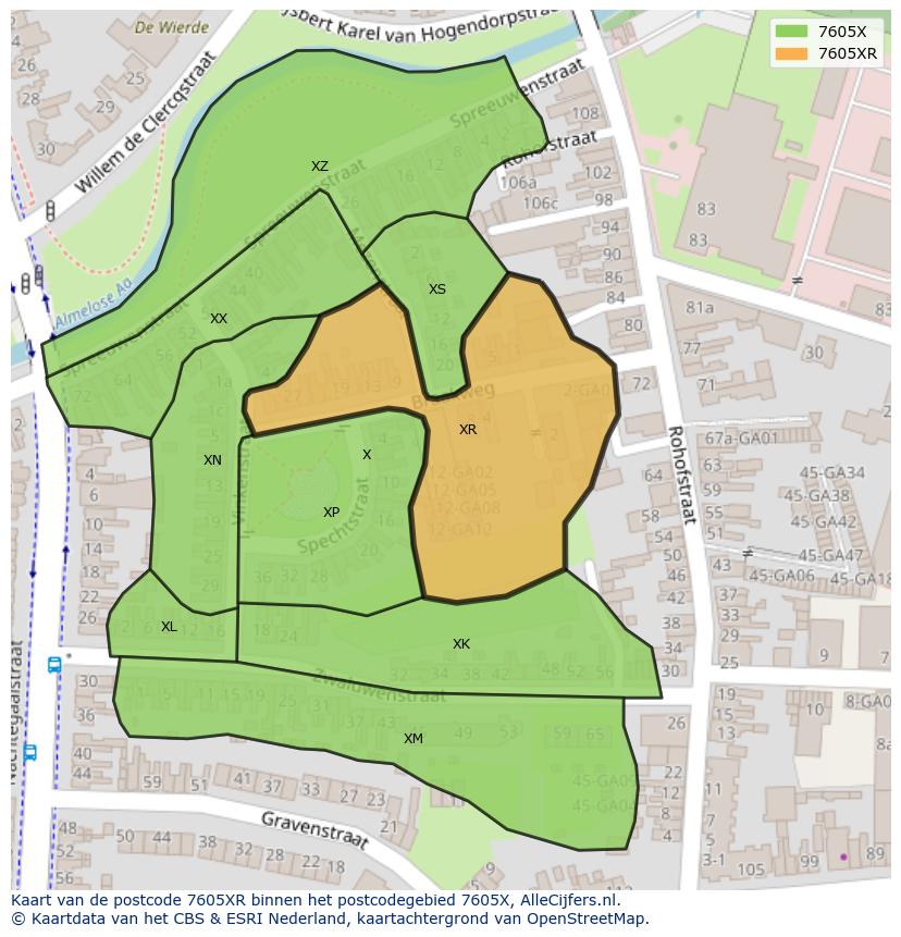 Afbeelding van het postcodegebied 7605 XR op de kaart.