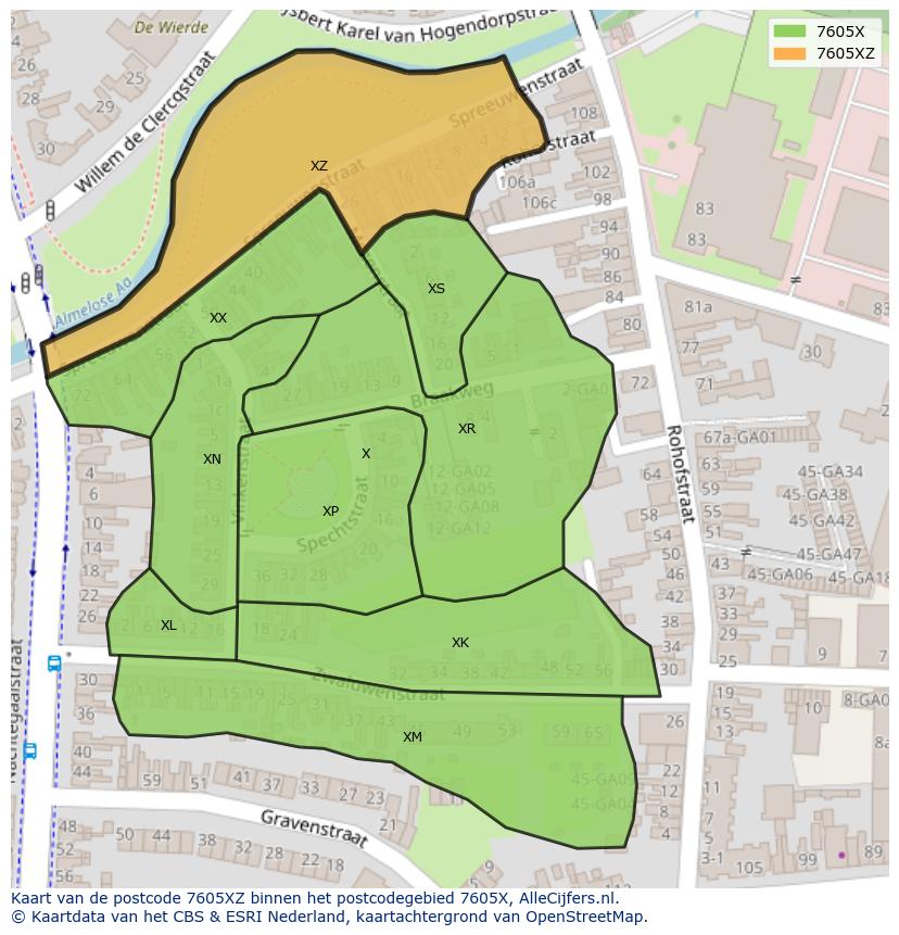 Afbeelding van het postcodegebied 7605 XZ op de kaart.