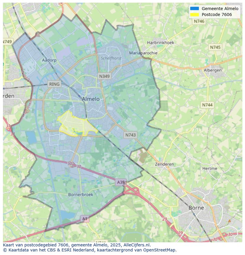 Afbeelding van het postcodegebied 7606 op de kaart.