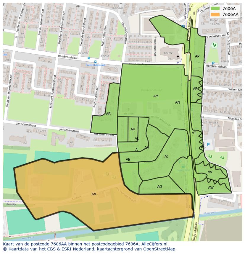 Afbeelding van het postcodegebied 7606 AA op de kaart.