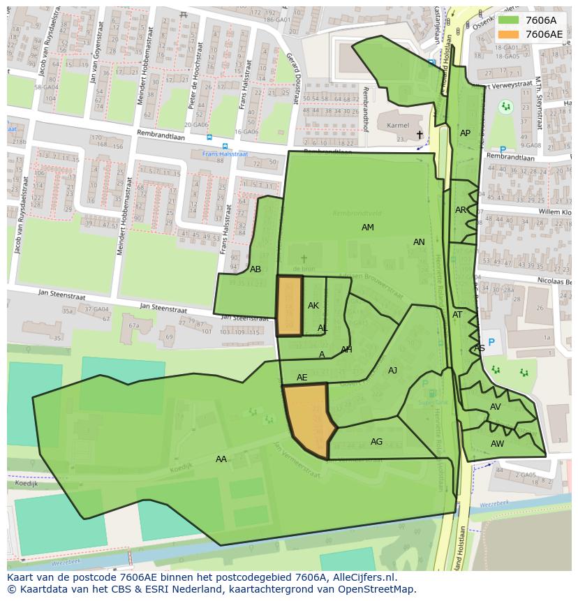 Afbeelding van het postcodegebied 7606 AE op de kaart.