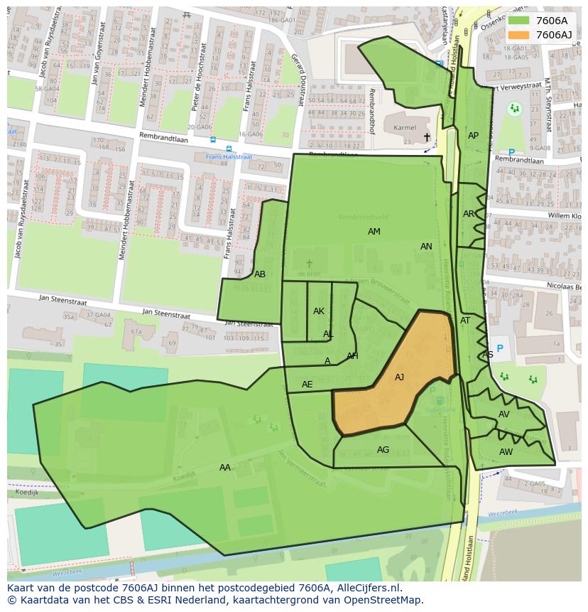 Afbeelding van het postcodegebied 7606 AJ op de kaart.