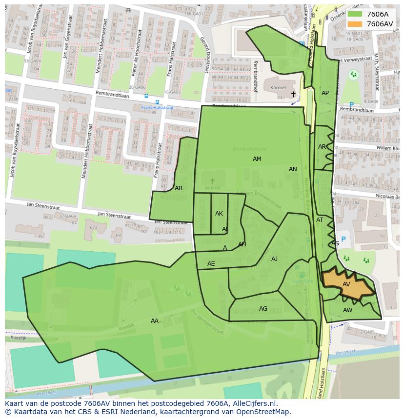 Afbeelding van het postcodegebied 7606 AV op de kaart.