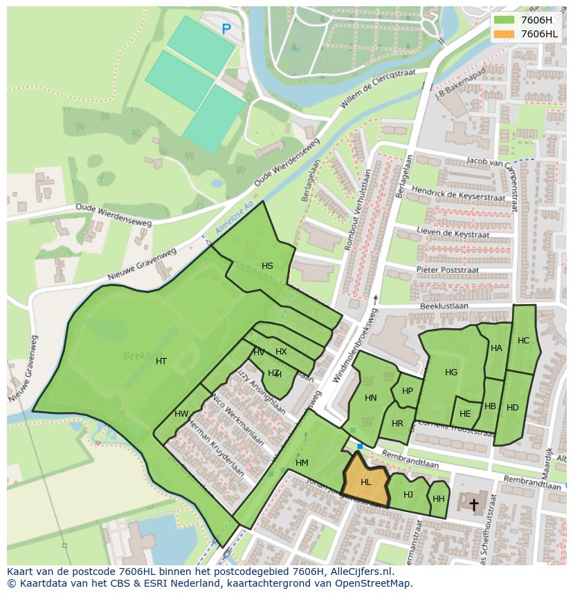 Afbeelding van het postcodegebied 7606 HL op de kaart.