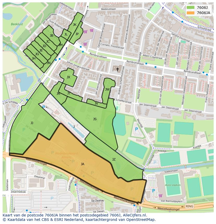 Afbeelding van het postcodegebied 7606 JA op de kaart.