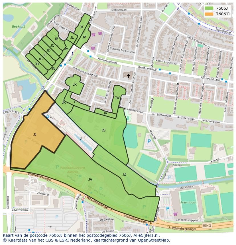 Afbeelding van het postcodegebied 7606 JJ op de kaart.