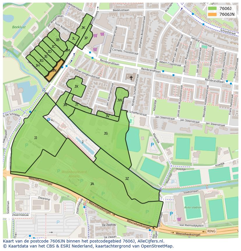 Afbeelding van het postcodegebied 7606 JN op de kaart.