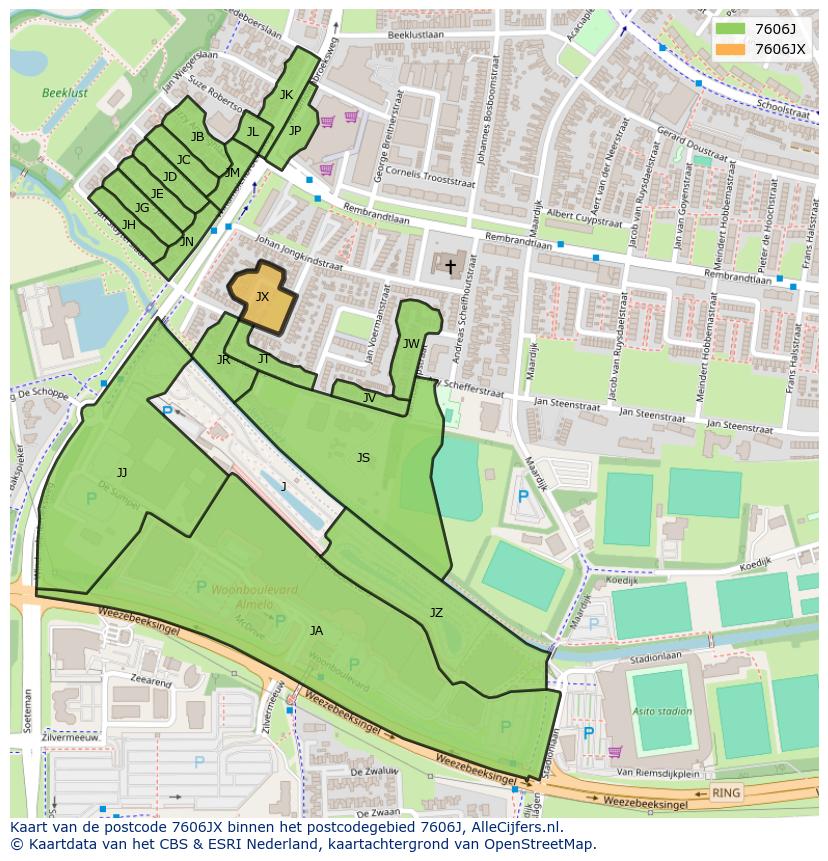 Afbeelding van het postcodegebied 7606 JX op de kaart.