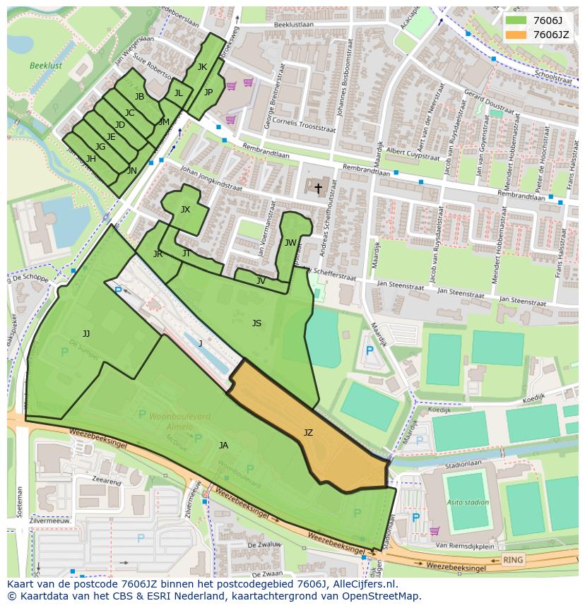 Afbeelding van het postcodegebied 7606 JZ op de kaart.