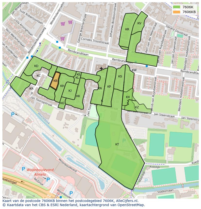 Afbeelding van het postcodegebied 7606 KB op de kaart.
